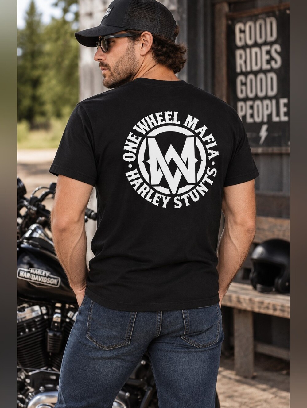 One Wheel Mafia Harley Stunts Men’s Black Graphic Tee Size L